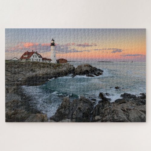 Sunset at Portland Head Lighthouse on Maine Coast Jigsaw Puzzle