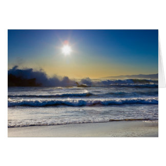 Sunset at Santa Monica beach, huge waves Cards