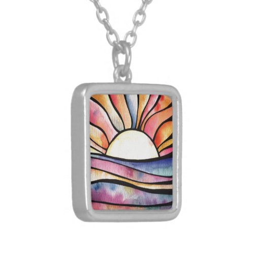 SUNSET AT SEA Watercolor Silver Pendant Necklace