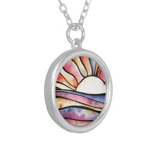 SUNSET AT SEA Watercolor Silver Plated Necklace