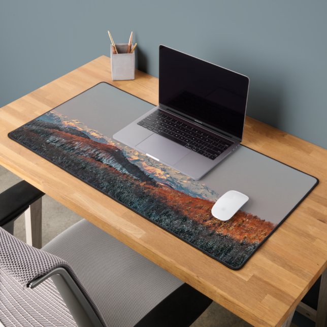 Sunset at spruce forest and mountains. desk mat (Office 2)