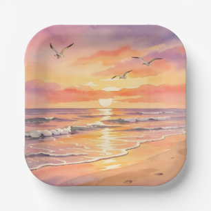 Sunset at the beach with birds paper plates