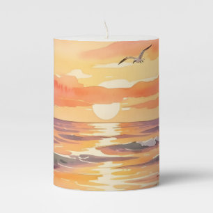 Sunset at the beach with birds pillar candle