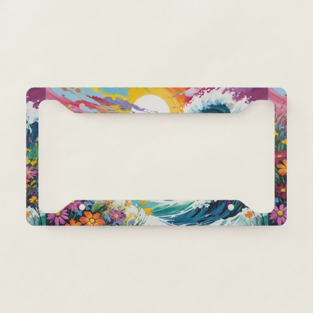 Sunset At The Beach With Wildflowers License Plate Frame (Front)