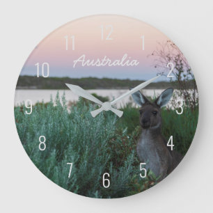 Sunset At The Lake, Pink Sky & Kangaroo Landscape Large Clock