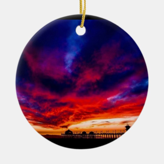 Sunset at the Pier, Huntington Beach, CA Ceramic Ornament (Front)