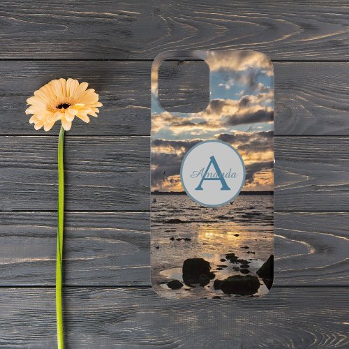 Sunset at the sea photo with monogram and name iPhone 12 case