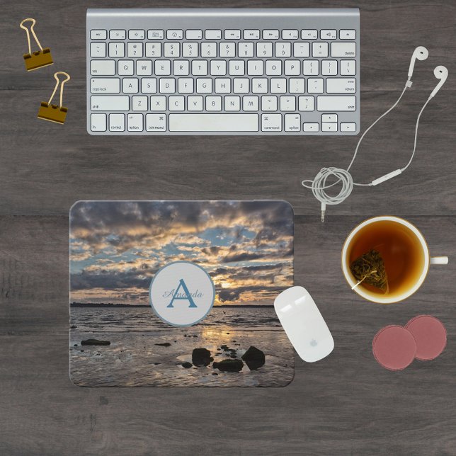 Sunset at the sea photo with monogram and name mouse pad (Creator Uploaded)