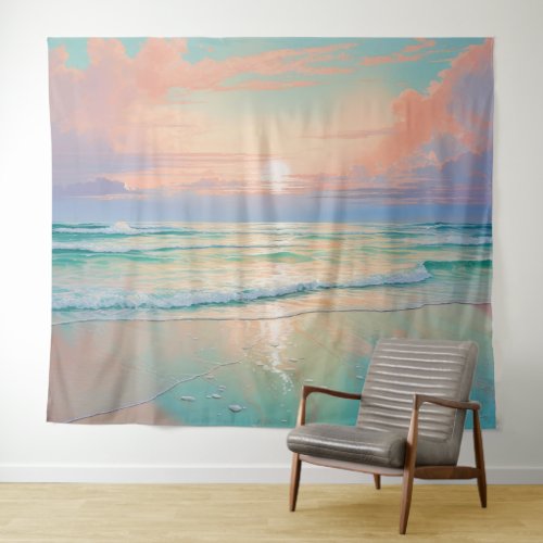 Sunset at the tranquil beach landscape tapestry