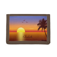 Sunset at tropical beach name trifold wallets