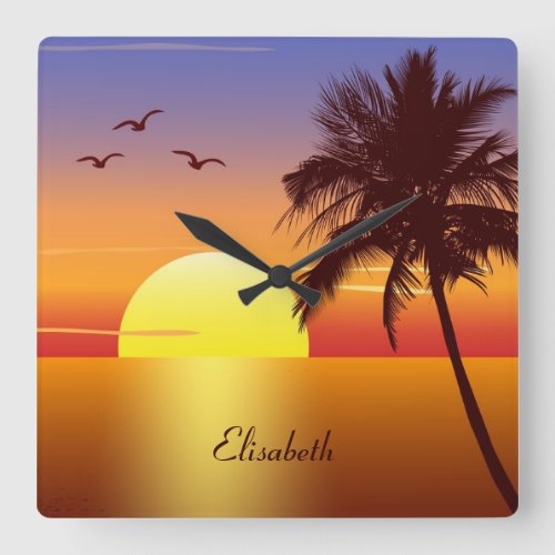 Sunset at tropical beach square wall clock