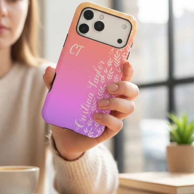 Sunset Aura Gradient White Leaves Script Monogram iPhone Case (Creator Uploaded)