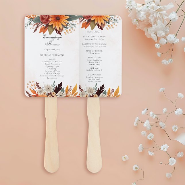 Sunset Autumn Floral Watercolor Wedding Program Hand Fan (Creator Uploaded)