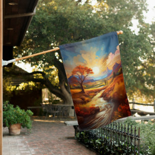Sunset Autumn River  House Flag