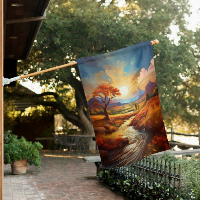 Sunset Autumn River  House Flag (In SItu)