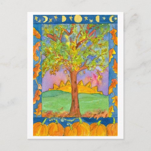 Sunset Autumn Trees Watercolor Landscape Painting Postcard