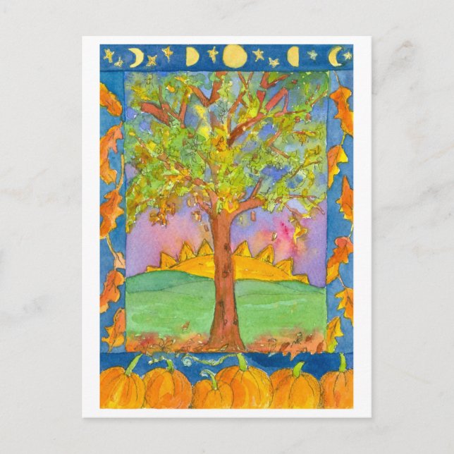 Sunset Autumn Trees Watercolor Landscape Painting Postcard (Front)
