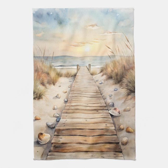 Sunset Beach Boardwalk Watercolor Kitchen Towel (Vertical)