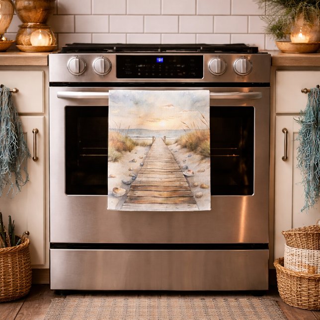 Sunset Beach Boardwalk Watercolor Kitchen Towel (Creator Uploaded)