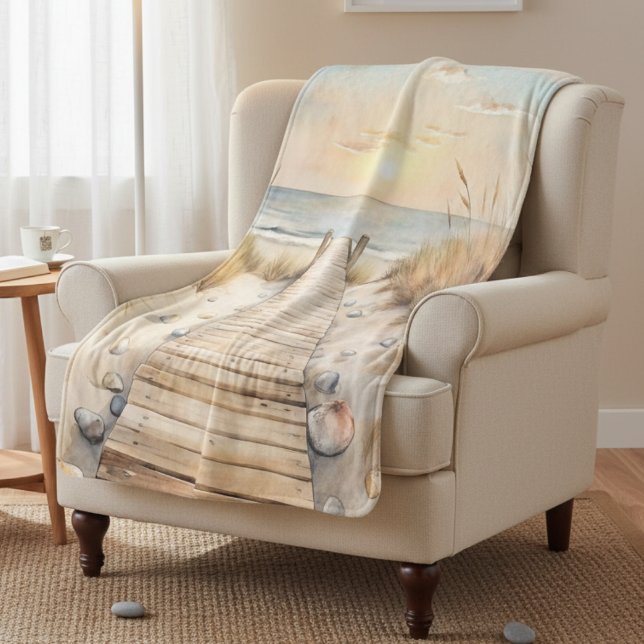 Sunset Beach Boardwalk Watercolor Sherpa Blanket (Creator Uploaded)