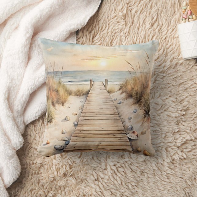 Sunset Beach Boardwalk Watercolor Throw Pillow (Blanket)