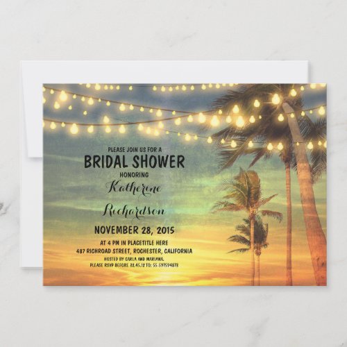 sunset beach bridal shower string lights invitation