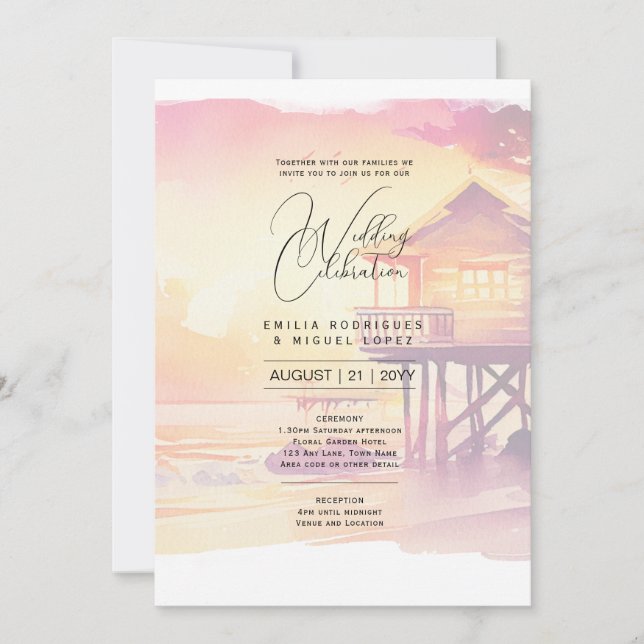 Sunset Beach Destination Coastal Wedding Invitation (Front)