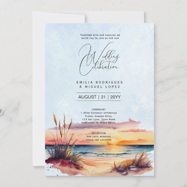 Sunset Beach Destination Coastal Wedding Invitation (Front)