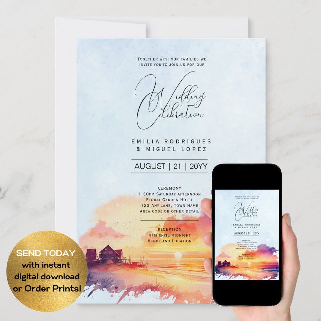 Sunset Beach Destination Coastal Wedding Invitation (Creator Uploaded)