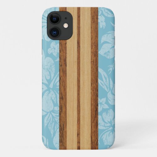 Sunset Beach Faux Wood Surfboard Hawaiian Aqua iPhone 11 Case
