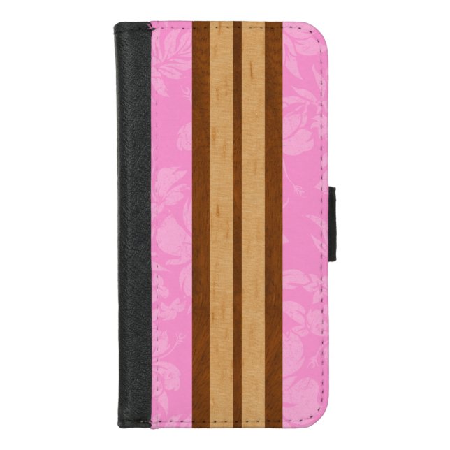 Sunset Beach Faux Wood Surfboard Hawaiian iPhone Wallet Case (Front)