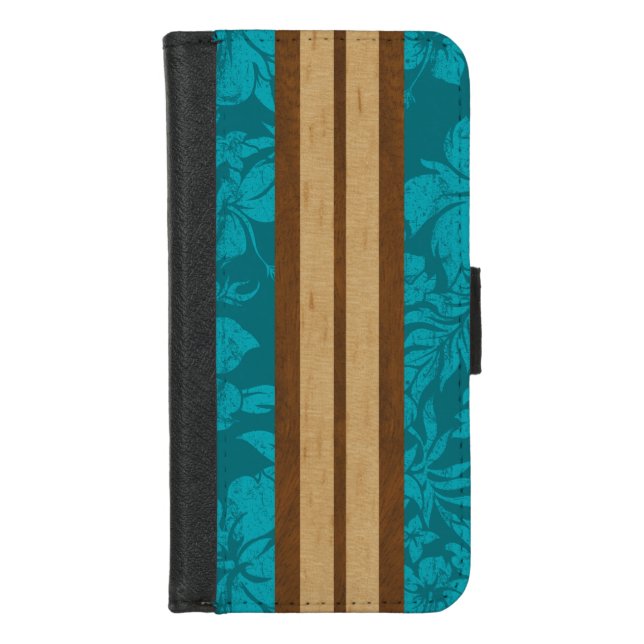 Sunset Beach Faux Wood Surfboard Hawaiian iPhone Wallet Case (Front)