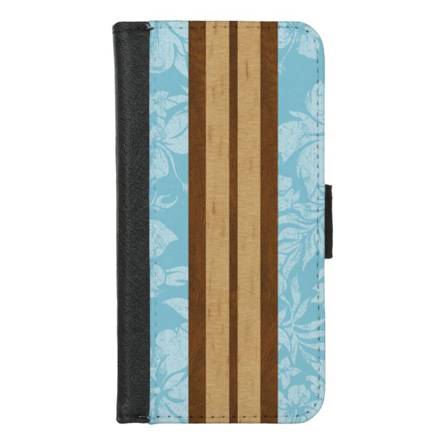 Sunset Beach Faux Wood Surfboard Hawaiian  iPhone Wallet Case (Front)