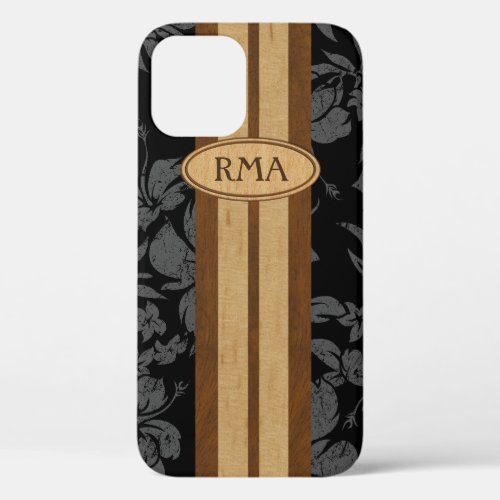 Sunset Beach Faux Wood Surfboard Hawaiian Monogram iPhone 12 Pro Case