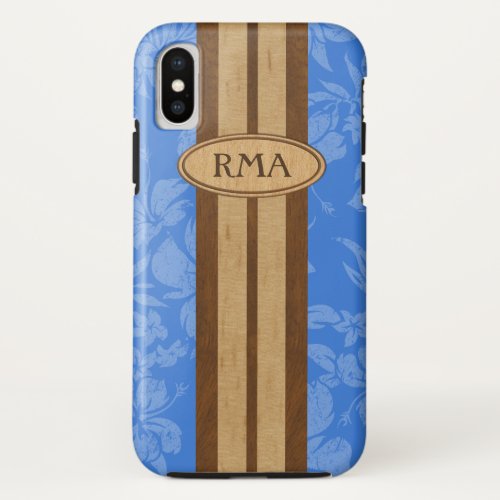 Sunset Beach Faux Wood Surfboard Hawaiian Monogram iPhone X Case