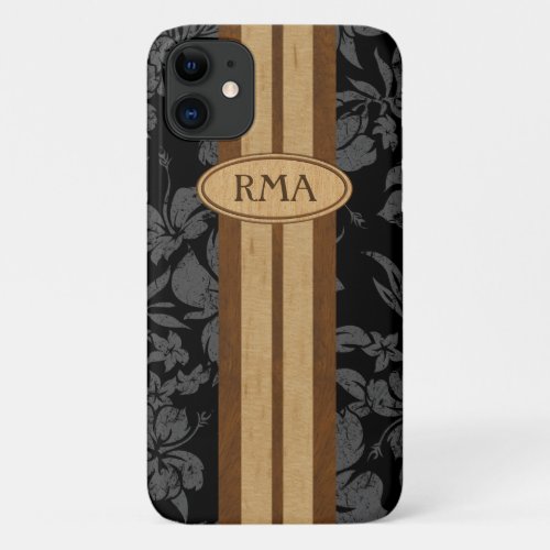 Sunset Beach Faux Wood Surfboard Hawaiian Monogram iPhone 11 Case