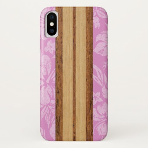 Sunset Beach Faux Wood Surfboard Hawaiian Pink iPhone X Case