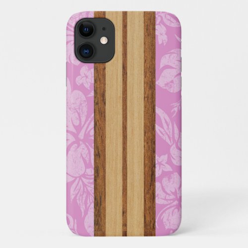 Sunset Beach Faux Wood Surfboard Hawaiian Pink iPhone 11 Case