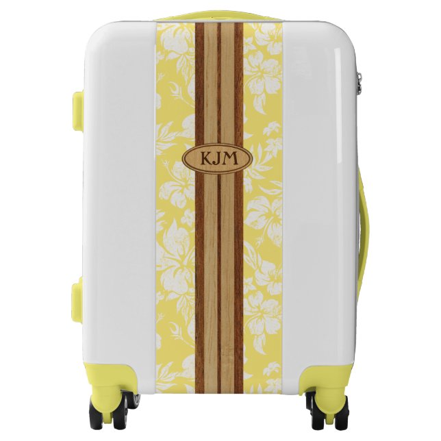 Sunset Beach Faux Wood Surfboard Monogram Hawaiian Luggage (Front)