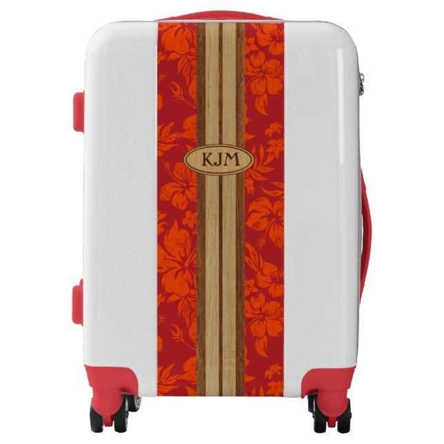 Sunset Beach Faux Wood Surfboard Monogram Hawaiian Luggage (Front)