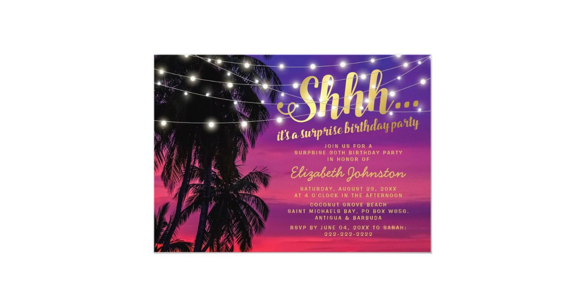 Sunset Beach Glam Surprise Birthday Party Invitation | Zazzle.com