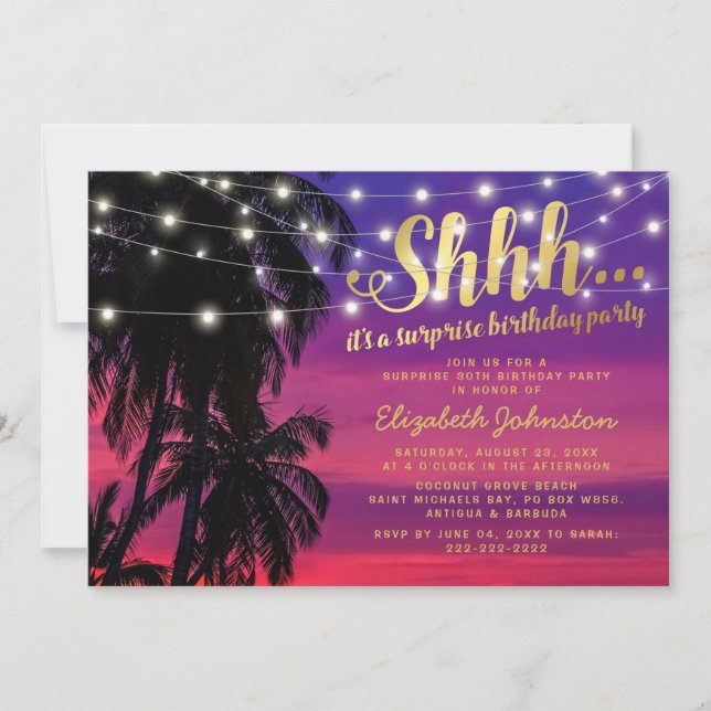 Sunset Beach Glam Surprise Birthday Party Invitation (Front)