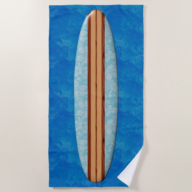 Sunset Beach Hawaiian Faux Wood Surfboard - Aqua Beach Towel (Front)