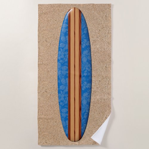Sunset Beach Hawaiian Faux Wood Surfboard _ Blue Beach Towel