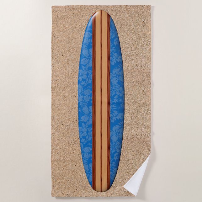 Sunset Beach Hawaiian Faux Wood Surfboard - Blue Beach Towel (Front)