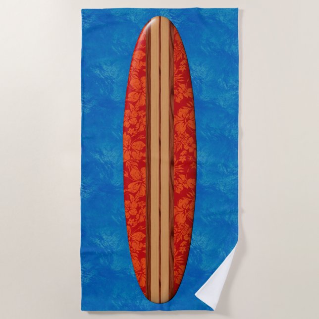 Sunset Beach Hawaiian Faux Wood Surfboard - Red Beach Towel (Front)