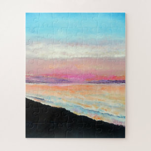 Sunset Beach Lake Pink Blue Jigsaw Puzzle
