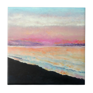 Sunset Beach Lake Pink Blue Painting Ceramic Tile
