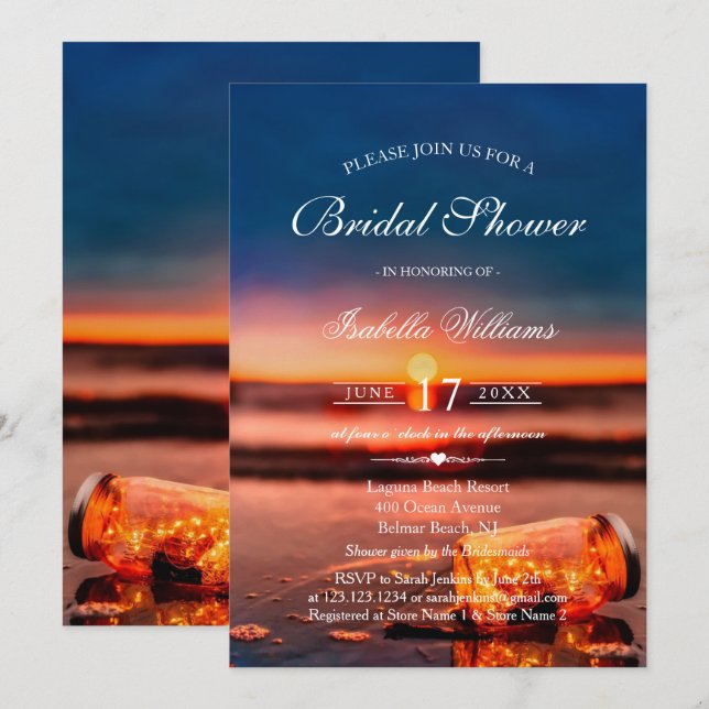 Sunset Beach Mason Jar Blue Night Bridal Shower Invitation (Front/Back)
