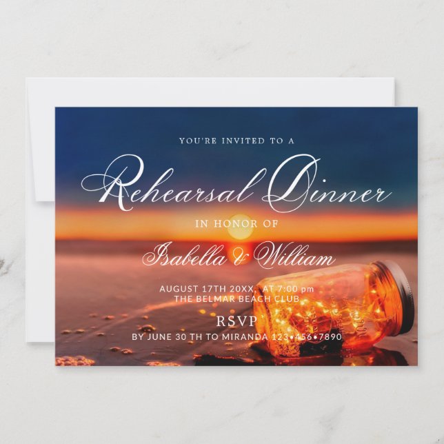 Sunset Beach Mason Jar Blue Night Rehearsal Dinner Invitation (Front)